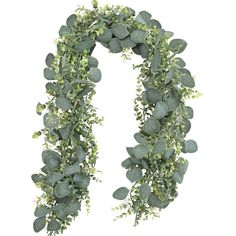 a long green leafy garland hanging from the side on a white background with clippings