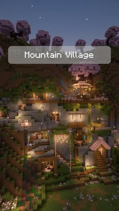 the mountain village in minecraft is lit up at night and has flowers growing on it