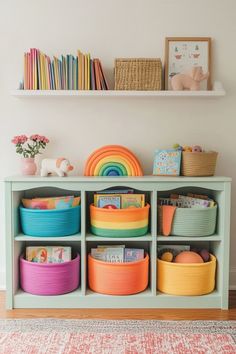 a shelf filled with lots of colorful baskets