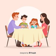 the family is sitting at the table and eating dinner with their mother, father and daughter