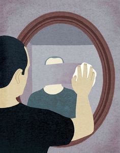 a man looking at himself in the mirror with his hand up to his face,