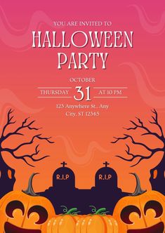 a halloween party flyer with pumpkins and jack - o'- lanterns on it