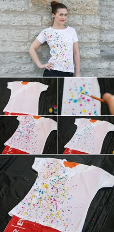 a woman standing in front of a wall with sprinkles on her shirt