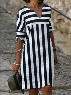 A-Line Loose Contrast Color Striped V-Neck Mini Dresses BLACK WHITE-2XL Tunics For Women Classy Dresses, Fitted Knee Length Dress, Summer Shift Dress, Half Sleeve Dresses, Crewneck Dress, Shirt Dresses, Patchwork Dress, Vestido Casual, Outfit Casual