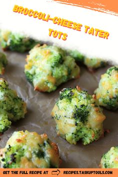 broccoli cheese tater tots on a baking sheet with text overlay