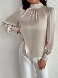 Satin Mock Neck Puff Sleeve Blouse | SHEIN USA Simple Long Dress, Fashion Top Outfits, Dress Design Sketches, Women Blouses, Modest Fashion Outfits