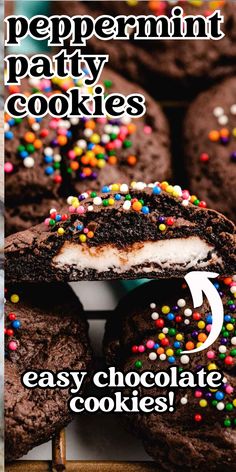 chocolate cookies with white frosting and sprinkles are on a plate that says peppermint party cookies easy chocolate cookies