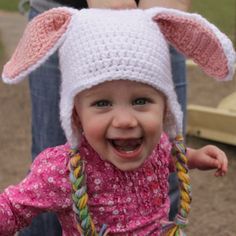 Free hat Patterns Bee, lady bug, dinosaurs, watermelon, bunny, and more Crochet Bunny Hat, Floppy Bunny, Amigurumi Rabbit, Hats Crochet, Crocheted Hats, Diy Bebe, Crochet Rabbit, Bunny Hat