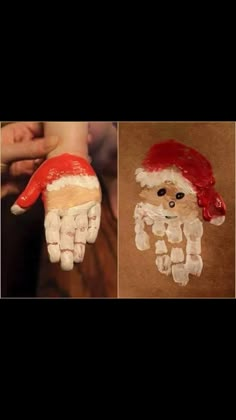 two pictures of santa claus's hand made out of toilet paper and other items