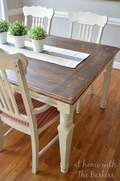 a dining table with two chairs and a potted plant on top of the table