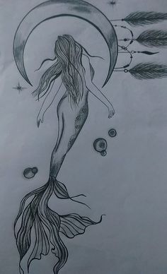 a drawing of a mermaid sitting on the moon with feathers flying around her body and holding an arrow