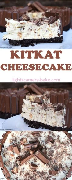 this is an image of a dessert with chocolate and cream on top, and the words kitkat cheesecake above it