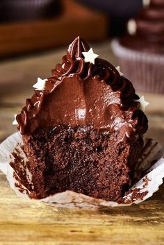 a close up of a chocolate cupcake on a plate with the title above it