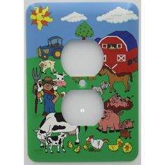 a light switch cover with farm animals and farmer's life painted on the front