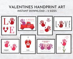 valentine's handprint art printables are displayed on a white background with red and