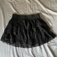 Short Black Lace Ruffle Skirt. Size Xs. Never Worn, New! Elastic Waist, 3 Layers Of Lace With Black Slip Underneath As Shown In Pictures. Punk, Goth, Rocker Vibes! Lace Skirt Short, Black Ruffled Skirt, Black Ruffle Skirt, Goth Skirt, Holiday Skirts, Black Lace Skirt, Ruffle Mini Skirt, Tiered Skirts, Skirt Short