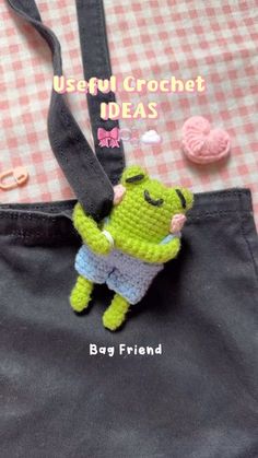 a crocheted bag with a small stuffed animal in it's pocket and the words useful crochet ideas written below