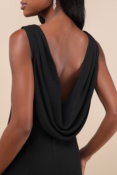 The Lulus Perfection Bound Black Sleeveless Cowl Back Mini Dress is seriously sensational and is ready to make you the star of any party! Stretchy crepe knit fabric shapes this stunning dress that features princess-seamed cups, a flirty V-neckline, and wide tank straps. An empire-style waist tops the figure-flattering bodycon silhouette that continues down to a cute, notched mini hem. A draping cowl below the open back lends an alluring finish to this chic design. Hidden side zipper/clasp. Fit: Black Dress Open Back, Cowl Back Dress, Dress Open Back, Open Back Dress, Elegant Lady, Open Back Dresses, Empire Style, Back Dress, Black Sleeveless