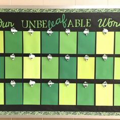 a bulletin board with green and yellow squares on it that says, your unbecable woman