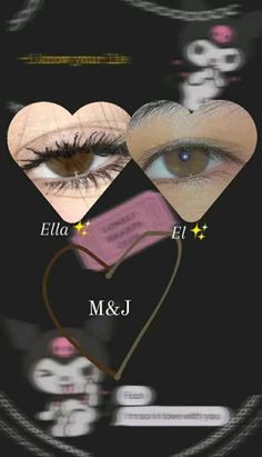 an eye with two hearts and the words, ella & m & j