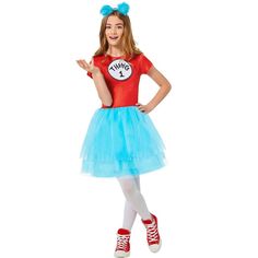 Get ready for a wild and wacky adventure with this Thing 1 & 2 Dress Child Costume! You'll be the life of the party with this playful and whimsical outfit. The colorful dress features a bright red top and a gorgeous bright blue skirt that's perfect for getting into mischief with your friend, The Cat in the Hat. Complete your look with the includes furry blue headband and one of the interchangeable Thing 1 and Thing 2 patches. So what are you waiting for? Grab your fellow Thing and let the fun be Favorite Dr Seuss Character Costume, Dr Seuss Outfits For Kids, Thing 1 And Thing 2 Costumes, Thing One And Thing Two Costumes, Thing One Costume, Thing 1 Thing 2 Costume, Dr Seuss Costumes, Whimsical Outfit, Diy Costume Ideas