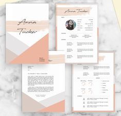 three different resume templates on top of a marble table with pink and orange accents