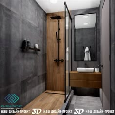 a bathroom with a shower, sink and mirror in it's center wall is shown