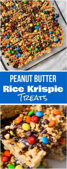 peanut butter rice krispie treats with chocolate and candy