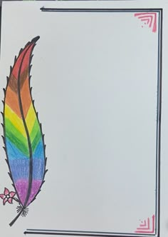 a drawing of a rainbow colored feather on a white paper with pink flowers in the background