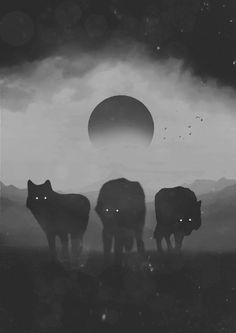 three black and white animals standing in front of an eclipse