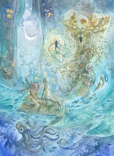 an illustration of two mermaids floating in the ocean