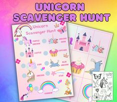 the unicorn scavenger hunt is on display in front of a rainbow colored background