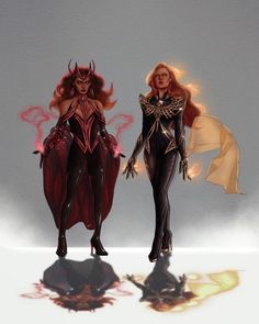 two female superheros standing next to each other in front of a white background with red and yellow flames