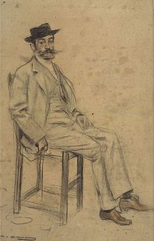 a drawing of a man sitting on top of a stool wearing a hat and coat