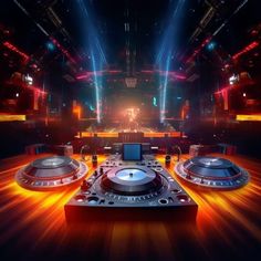 a dj's turntable surrounded by bright lights