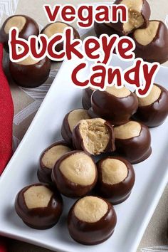 vegan buckeye candy on a white plate with the title overlaying it