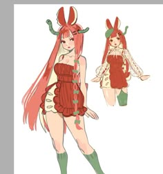 an anime character with long red hair and horns on her head, wearing a dress