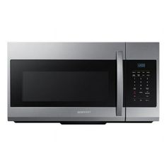 a stainless steel microwave oven with the door open and timer on it's side