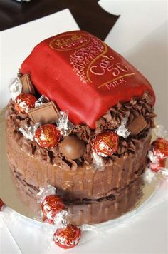 a chocolate cake decorated with candy and candies