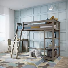 there is a bunk bed with a ladder on the bottom and a desk underneath it