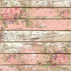 an old wooden plank with pink flowers painted on the side and faded paint all over it