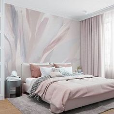 a bedroom with a large bed in front of a painting on the wall next to a window