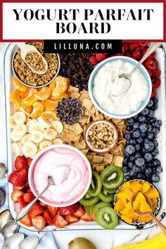 a tray filled with fruit, yogurt and granola on top of it