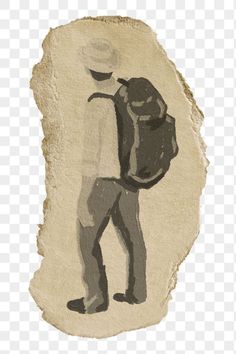 a drawing of a man with a hat and backpack