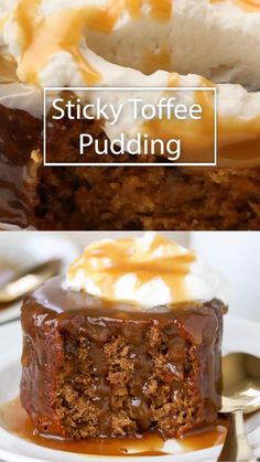 sticky toffe pudding with ice cream and caramel drizzle on top