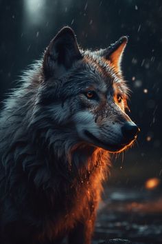 a wolf standing in the rain at night