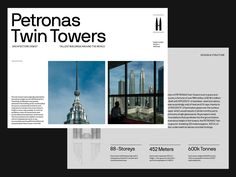 the front and back pages of an architectural brochure for petronas twin towers