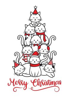 a christmas tree with cats and presents on it's top, merry christmas card