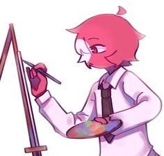 a person in a white shirt and tie is holding a paintbrush and an easel