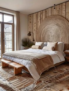 a large bed sitting next to a window in a bedroom on top of a wooden floor